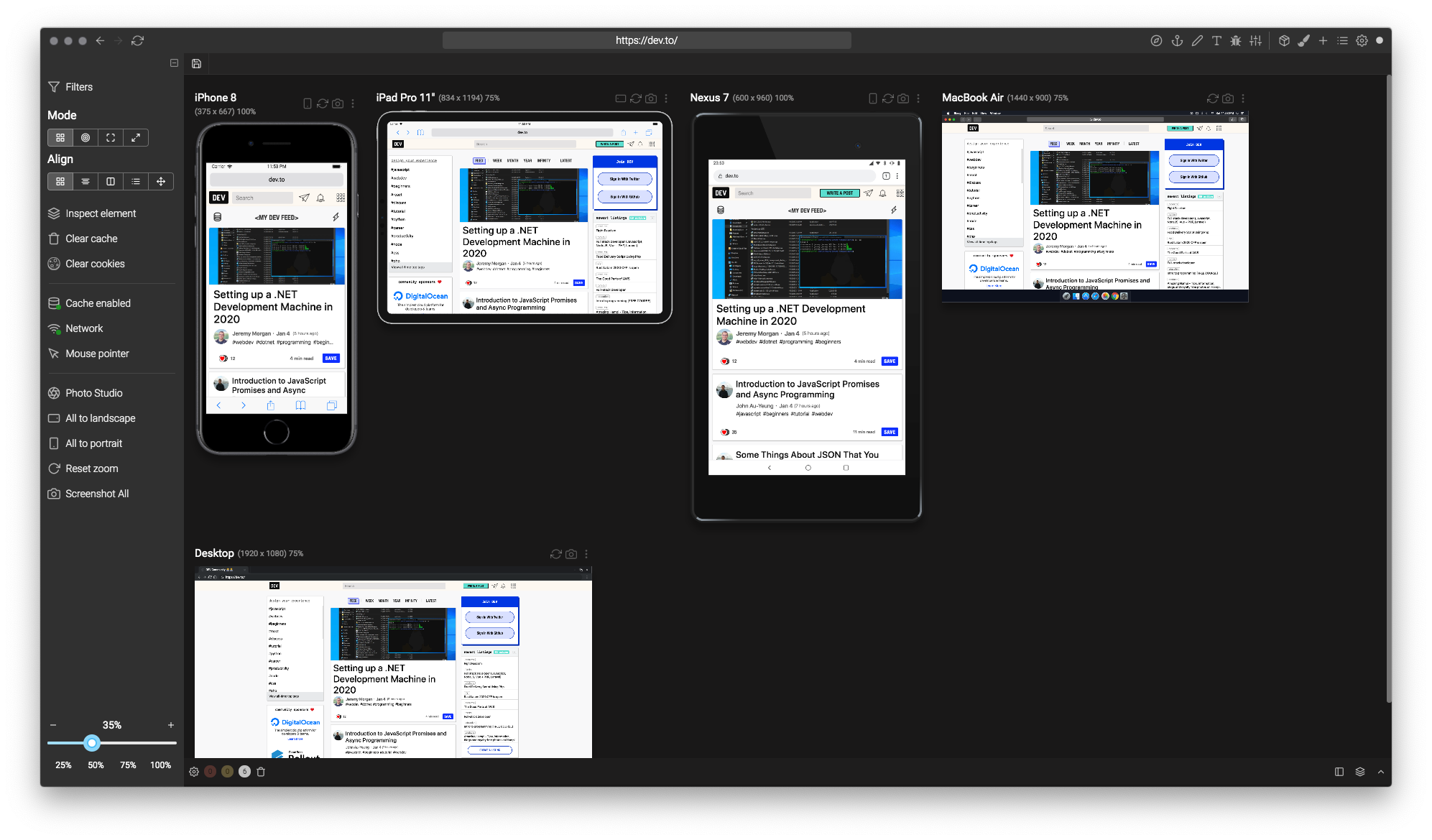 Screenshot of Sizzy in action