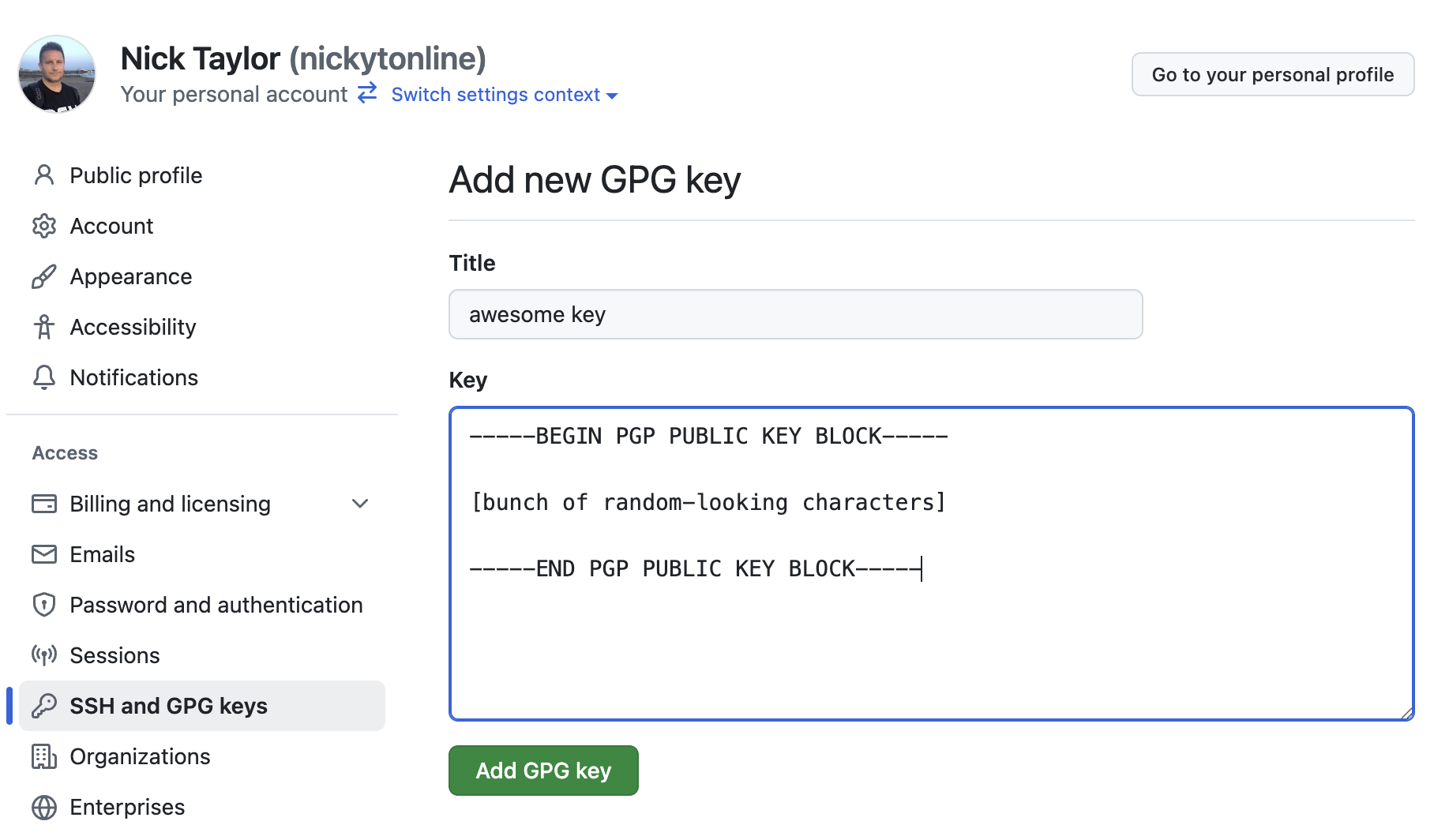 GitHub add GPG key screen