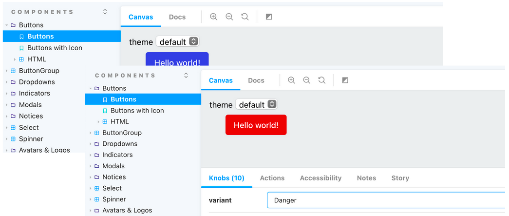 Different views of a button component in different states in Storybook